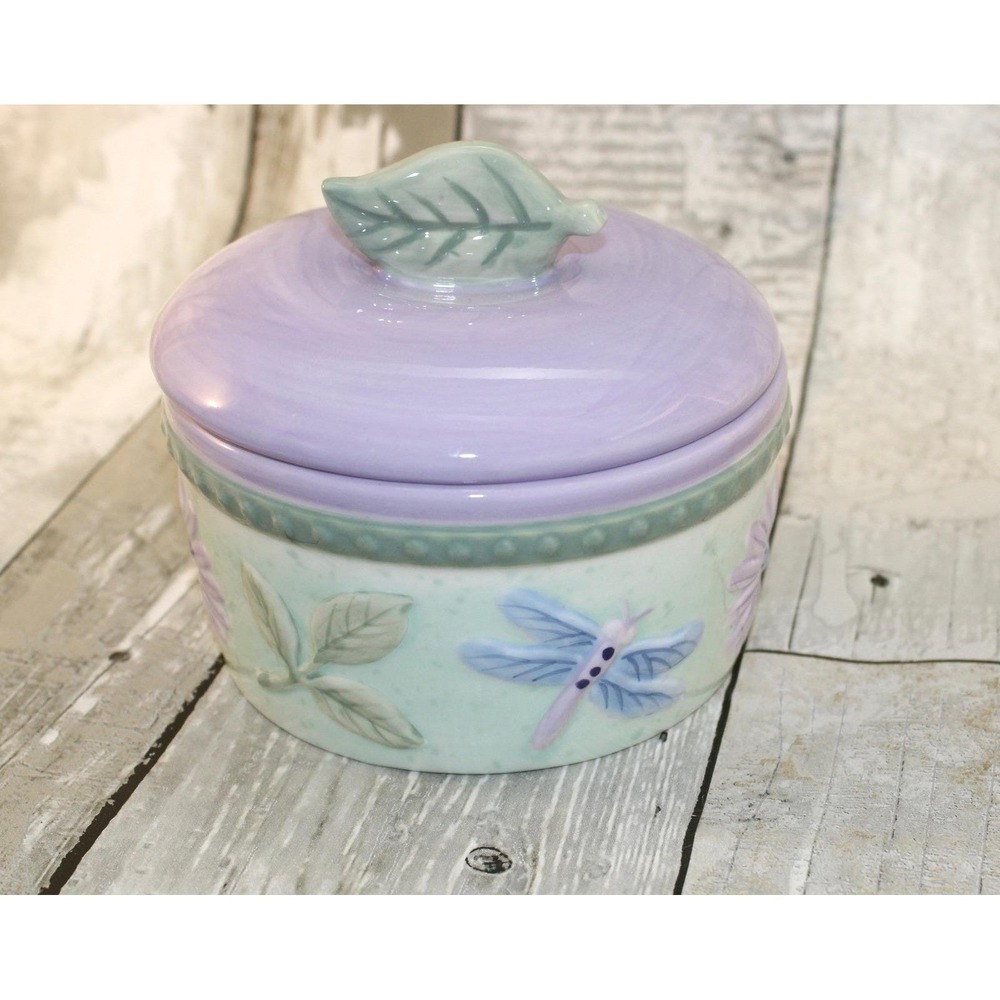 "Favorite‎ Things" Ceramic Trinket Canister Purple with Leaves Dragonfly